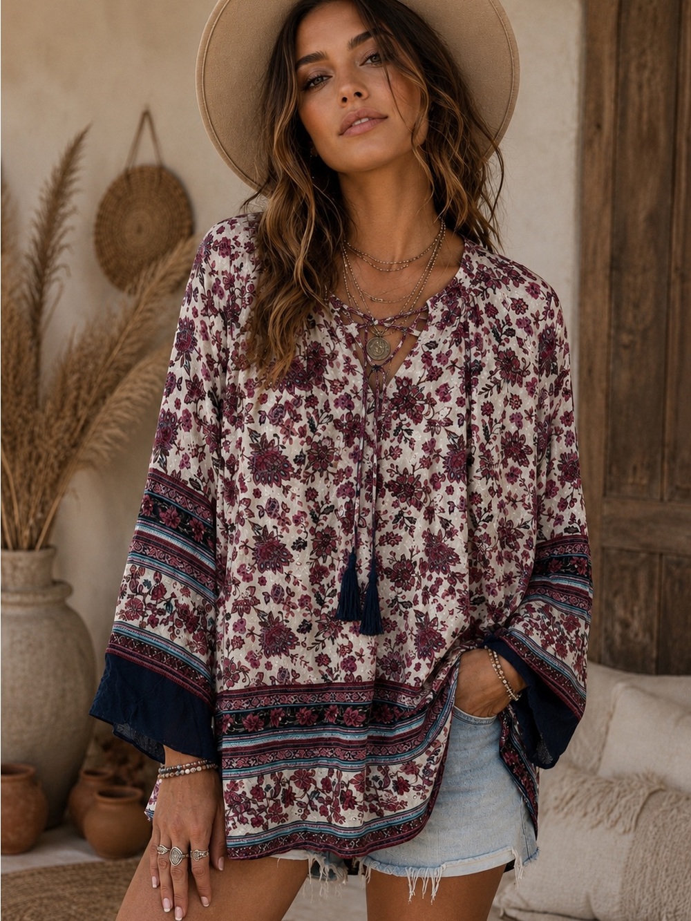 En Crème Boho Floral Peasant Blouse Small NWT Cream Burgundy Bell Sleeve Top